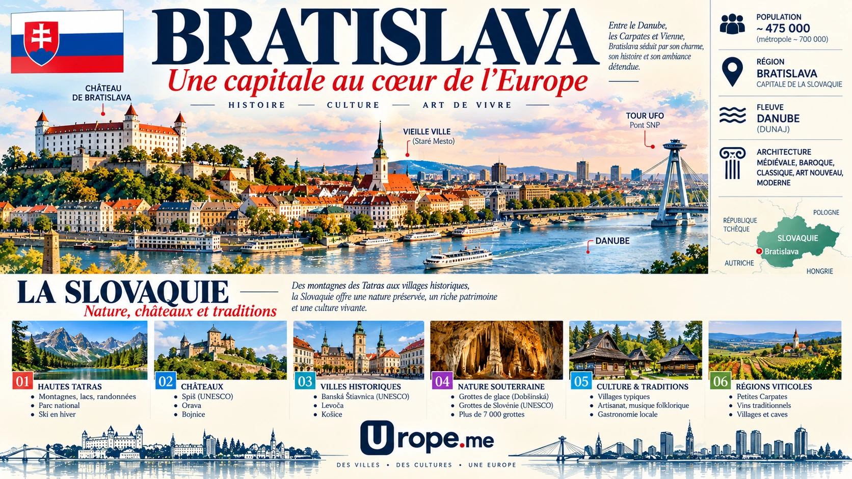 Illustrated country-style infographic overview for Bratislava and Slovakia