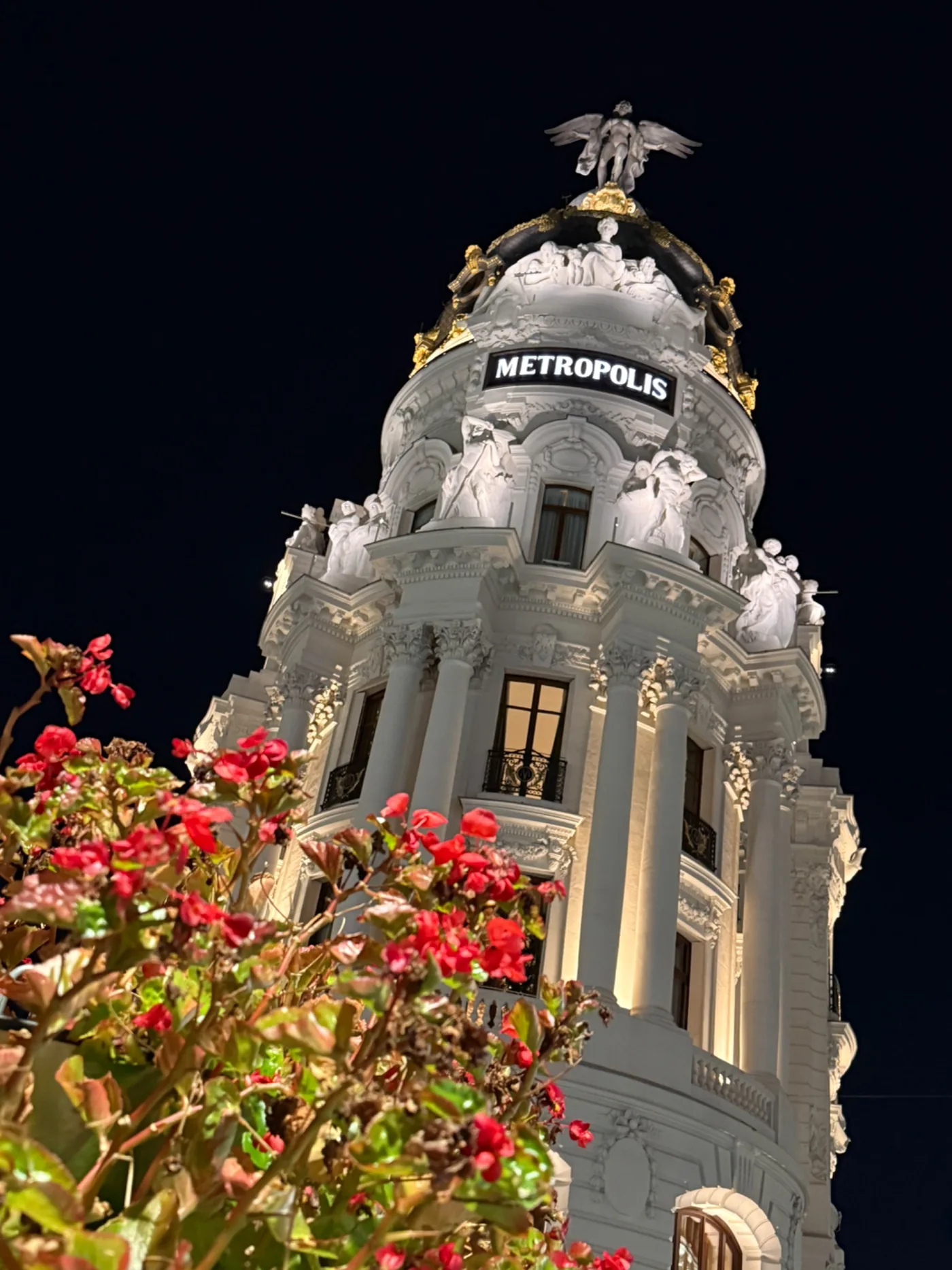 Full Metropolis building at night framed by flowers in Madrid