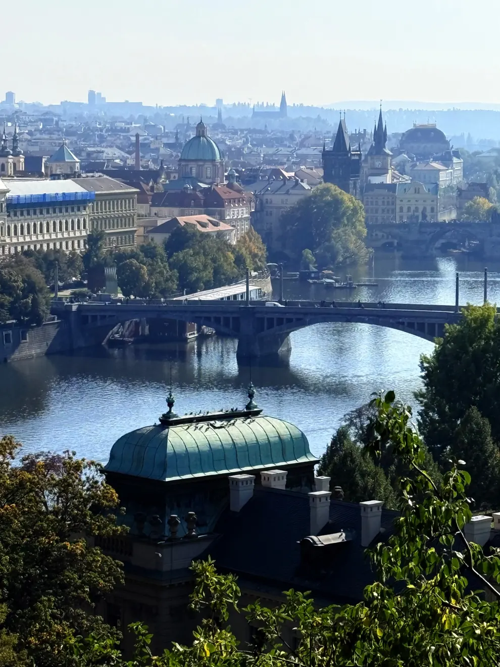 Panoramic view of Prague bridges across the Vltava river